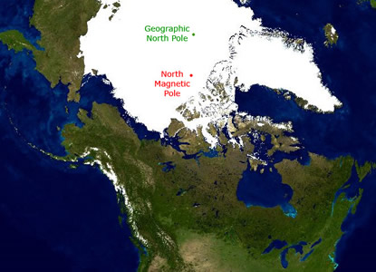 Did you know that the Earth's <a
  href="/earth/polar/polar_geog.html&edu=high">geographic
  North pole</a> is not in the same place as the Earth's <a
  href="/earth/Magnetosphere/earth_north_magnetic_pole.html&edu=high">North
  magnetic pole</a>? They are actually several hundred kilometers apart,
  making navigation with a compass impossible near the poles. This picture
  illustrates where they were in 2005. Right at the geographic poles, the <a
  href="/sun/sun.html&edu=high">Sun</a> shines for half
  the year and it is dark for the other half of the year. This makes a year
  like one long day.<p><small><em>Image courtesy of Windows to the Universe</em></small></p>