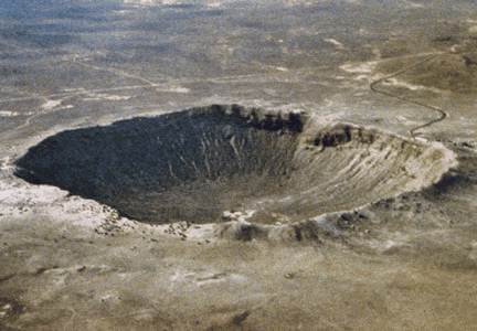 This is the Barringer Meteor Crater in Arizona. The diameter is 1.2
  kilomters, and it is 49,000 years old. Compared with other planets, <a
  href="/earth/Interior_Structure/crater.html&edu=high">impact
  craters</a> are rare <a
  href="/earth/Interior_Structure/surface_features.html&edu=high">surface
  features</a> on Earth. There are two main reasons for the low number of
  craters. One is that our <a
  href="/earth/Atmosphere/overview.html&edu=high">atmosphere</a>
  burns up most <a
  href="/our_solar_system/meteors/meteors.html&edu=high">meteoroids</a>
  before they reach the surface. The other reason is that Earth's surface is <a
  href="/earth/interior/plate_tectonics.html&edu=high">continually
  active</a> and erases the marks of craters over time.<p><small><em>D. Roddy and LPI</em></small></p>